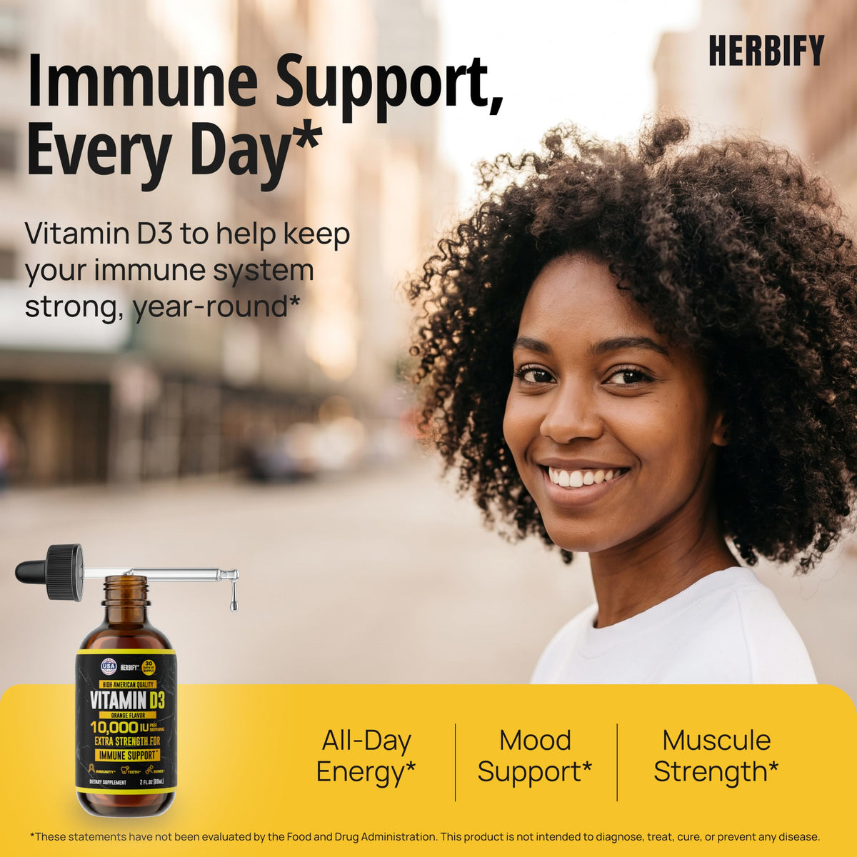 Gouttes de vitamine D3 HERBIFY versées dans une cuillère