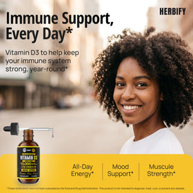 Gouttes de vitamine D3 HERBIFY versées dans une cuillère