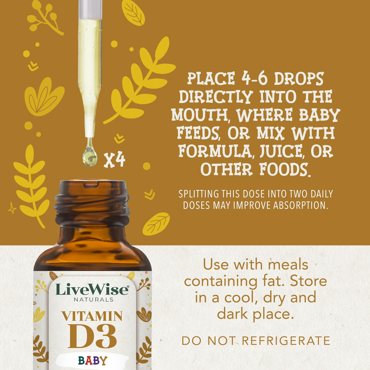 Gouttes de vitamine D3 K2 Bio Live Wise Naturals sur une surface blanche