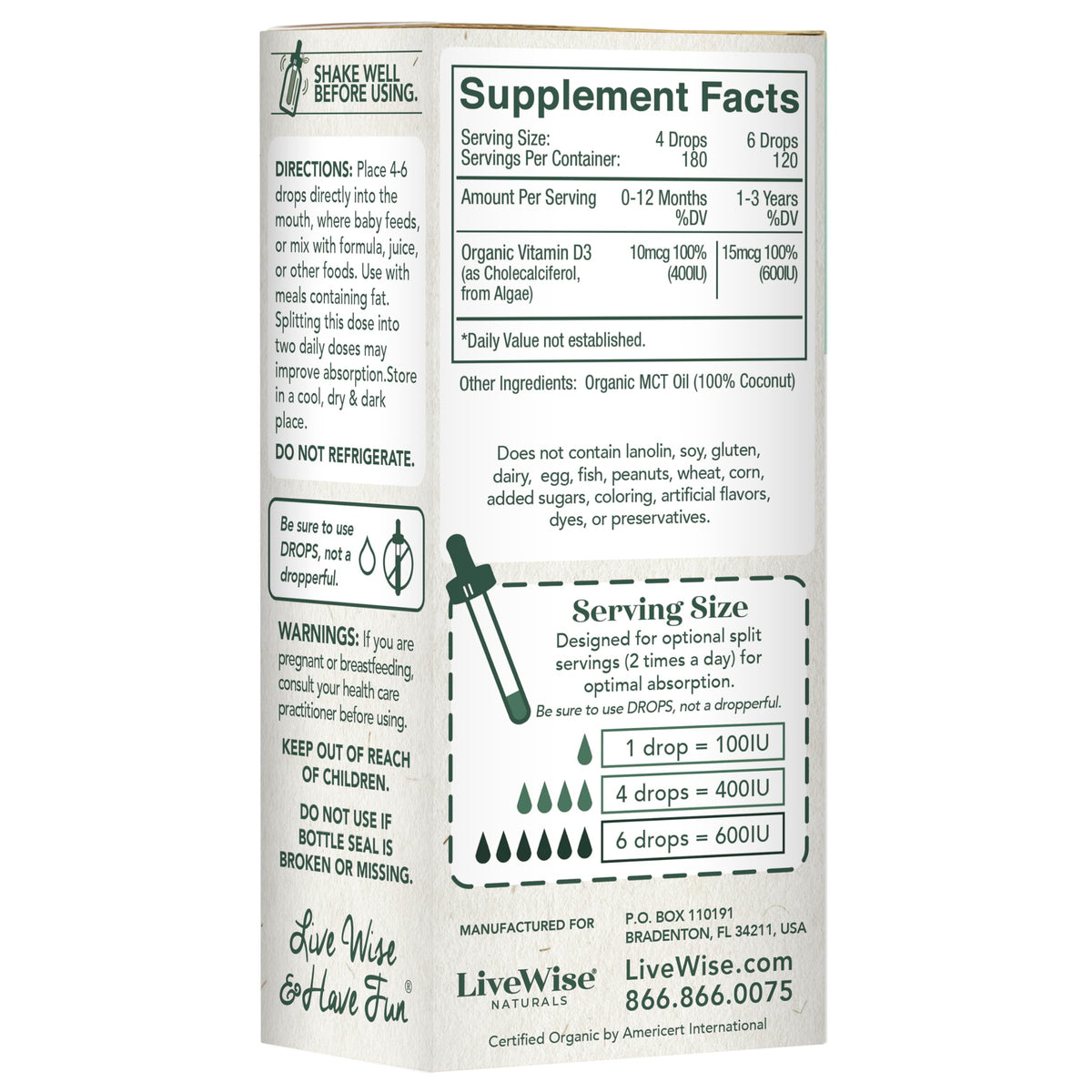 Gouttes de vitamine D3 K2 Bio Live Wise Naturals sur une table en bois