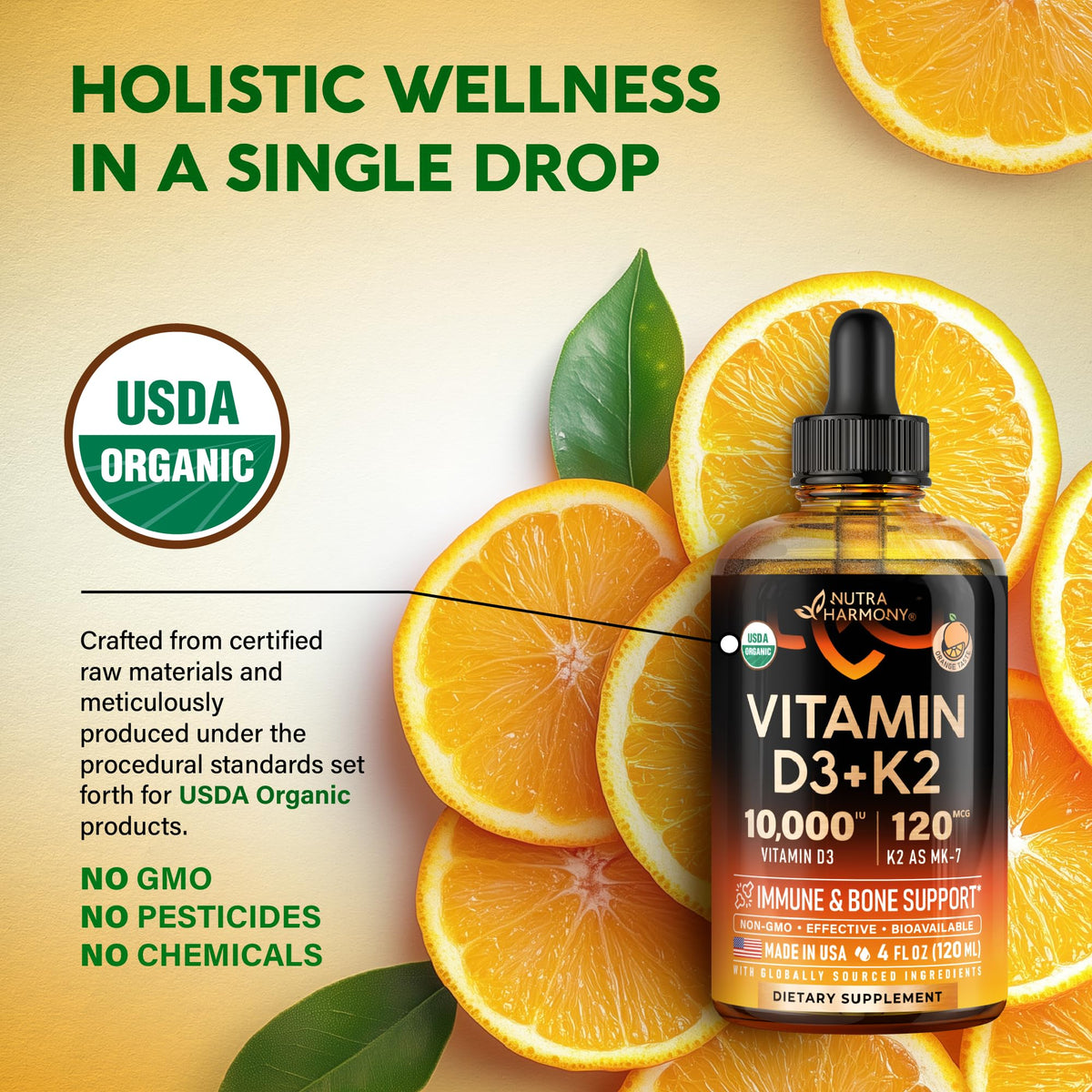 Gouttes de Vitamine D3 K2 Bio NUTRAHARMONY avec étiquette