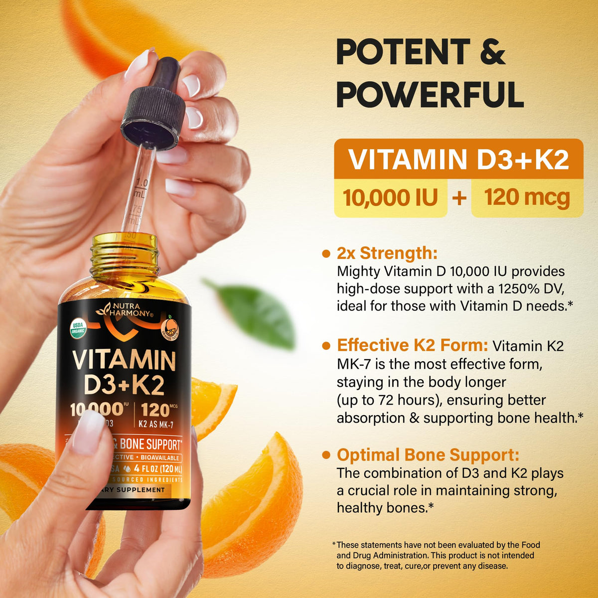 Gouttes de Vitamine D3 K2 Bio NUTRAHARMONY sur une table en bois
