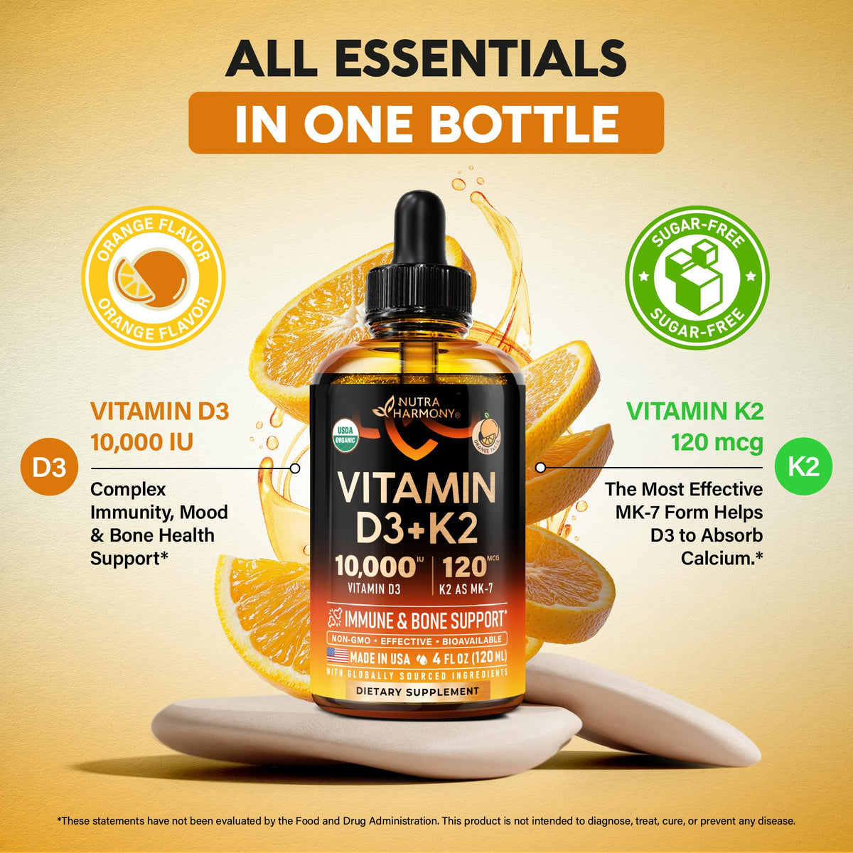 Gouttes de Vitamine D3 K2 Bio NUTRAHARMONY versées dans une cuillère