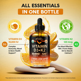 Gouttes de Vitamine D3 K2 Bio NUTRAHARMONY versées dans une cuillère