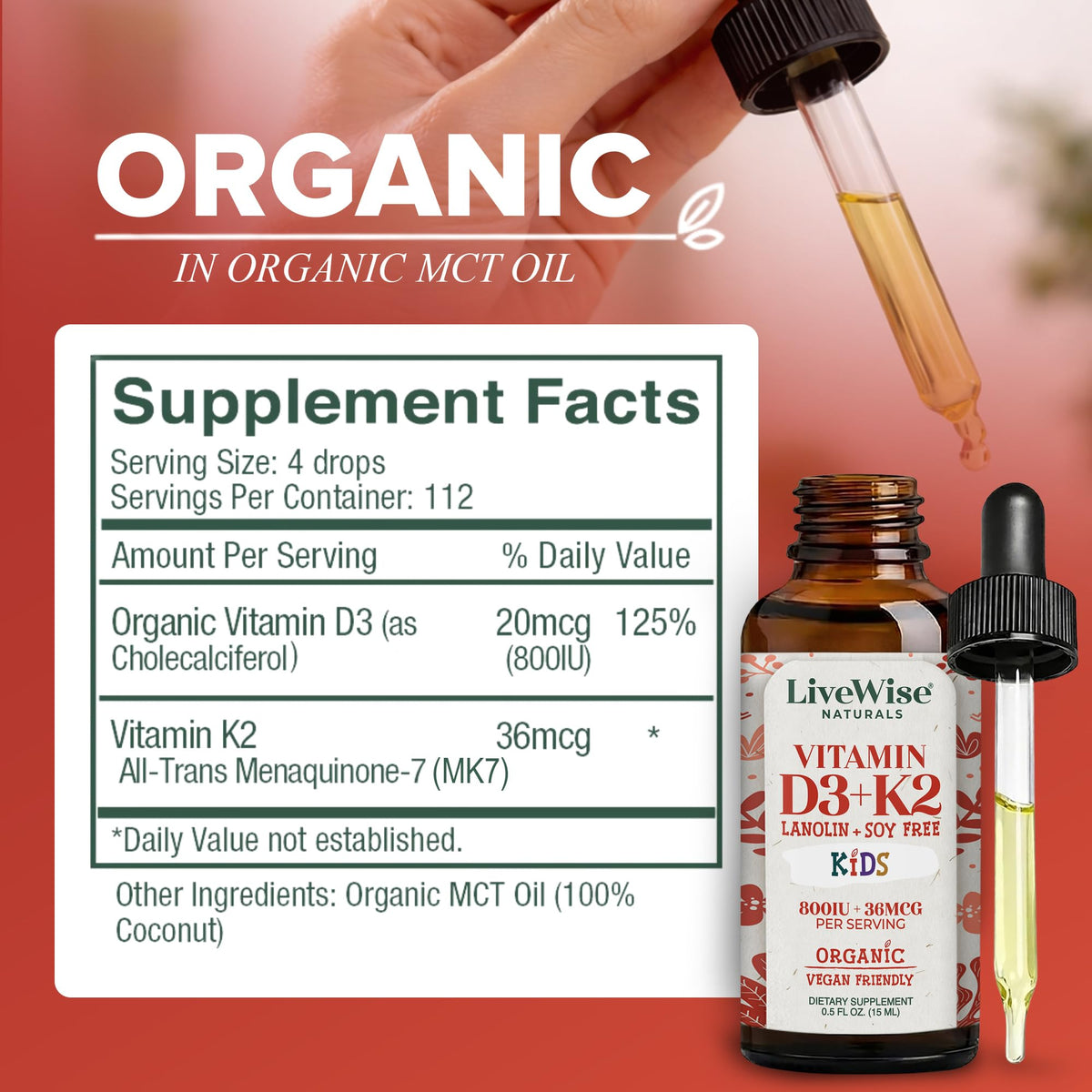 Gouttes de Vitamine D3 K2 dans un compte-gouttes, format pratique