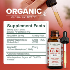 Gouttes de Vitamine D3 K2 dans un compte-gouttes, format pratique