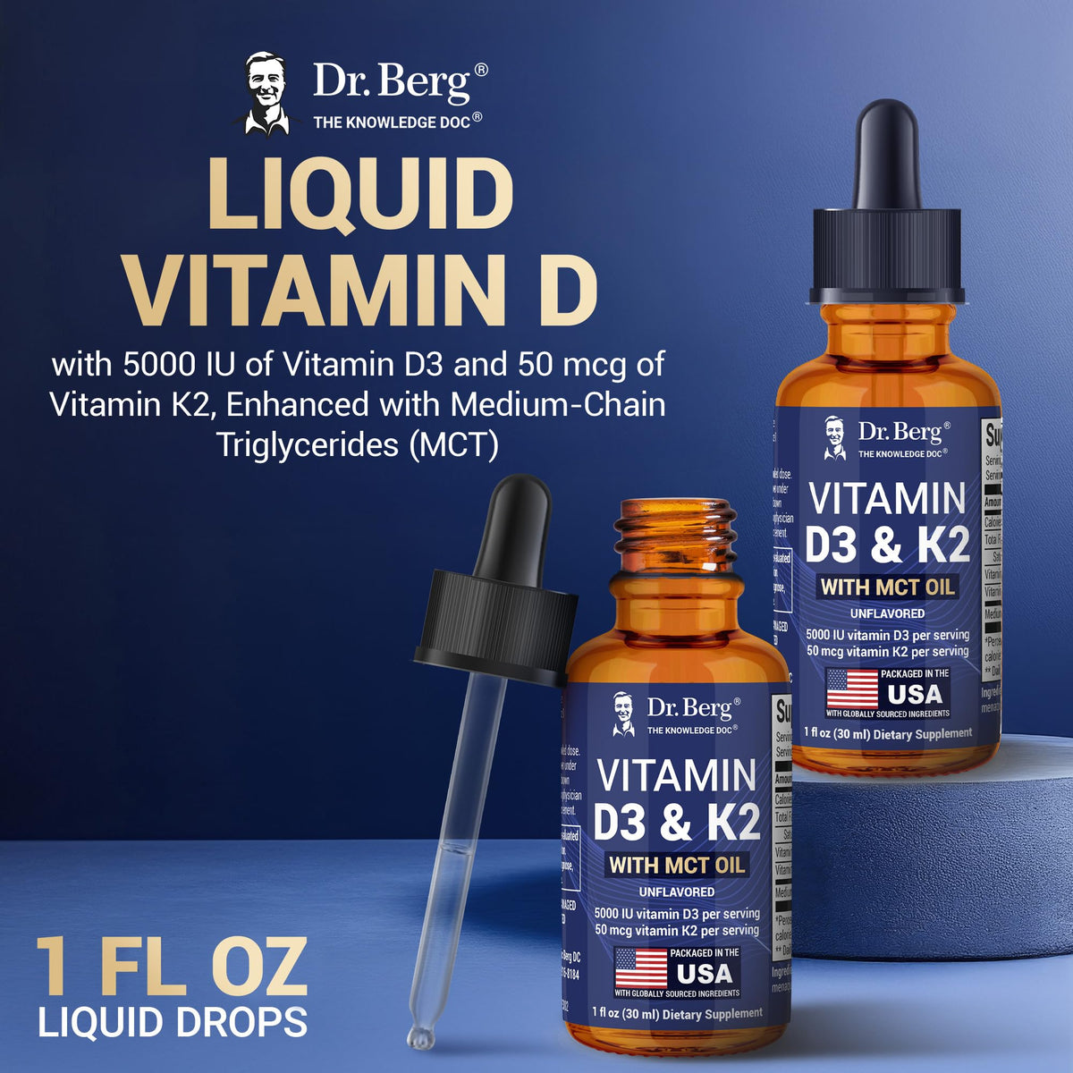 Gouttes de Vitamine D3 K2 Dr. Berg sur un fond naturel