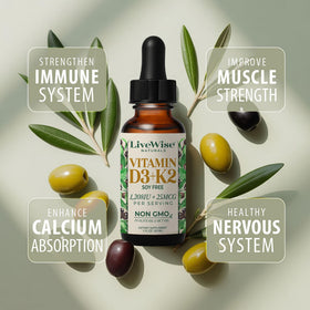 Gouttes de vitamine D3 K2 Live Wise Naturals avec des fruits et légumes
