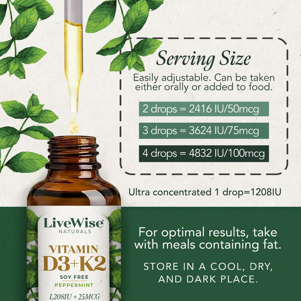 Gouttes de vitamine D3 K2 Live Wise Naturals avec un fond de feuilles vertes