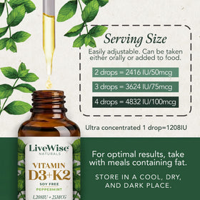Gouttes de vitamine D3 K2 Live Wise Naturals avec un fond de feuilles vertes
