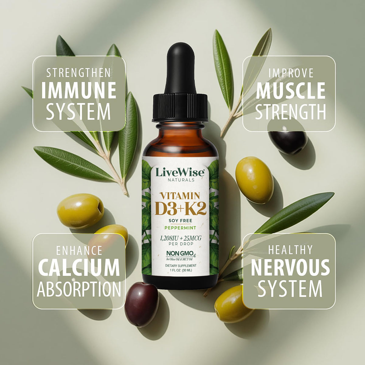 Gouttes de vitamine D3 K2 Live Wise Naturals avec un verre d'eau