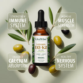 Gouttes de vitamine D3 K2 Live Wise Naturals avec un verre d'eau