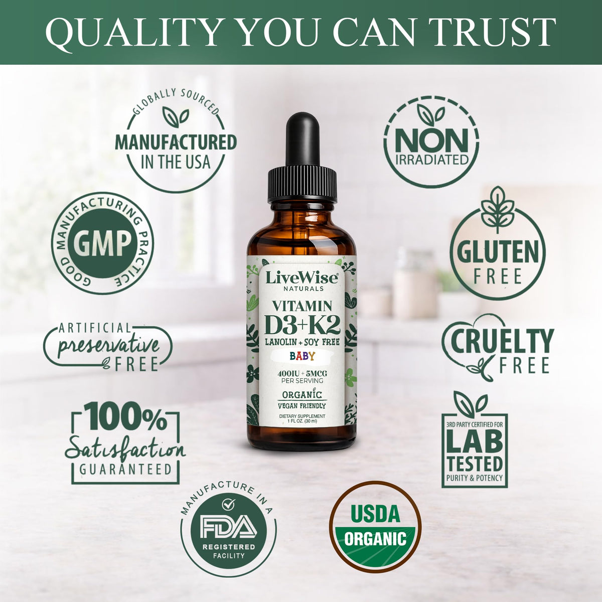 Gouttes de Vitamine D3 K2 Live Wise Naturals dans un environnement familial