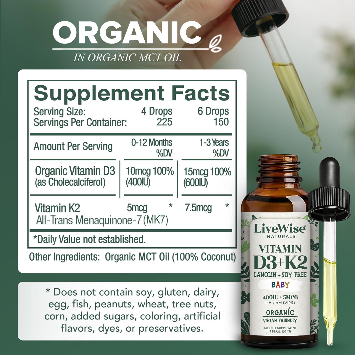 Gouttes de Vitamine D3 K2 Live Wise Naturals sur une cuillère