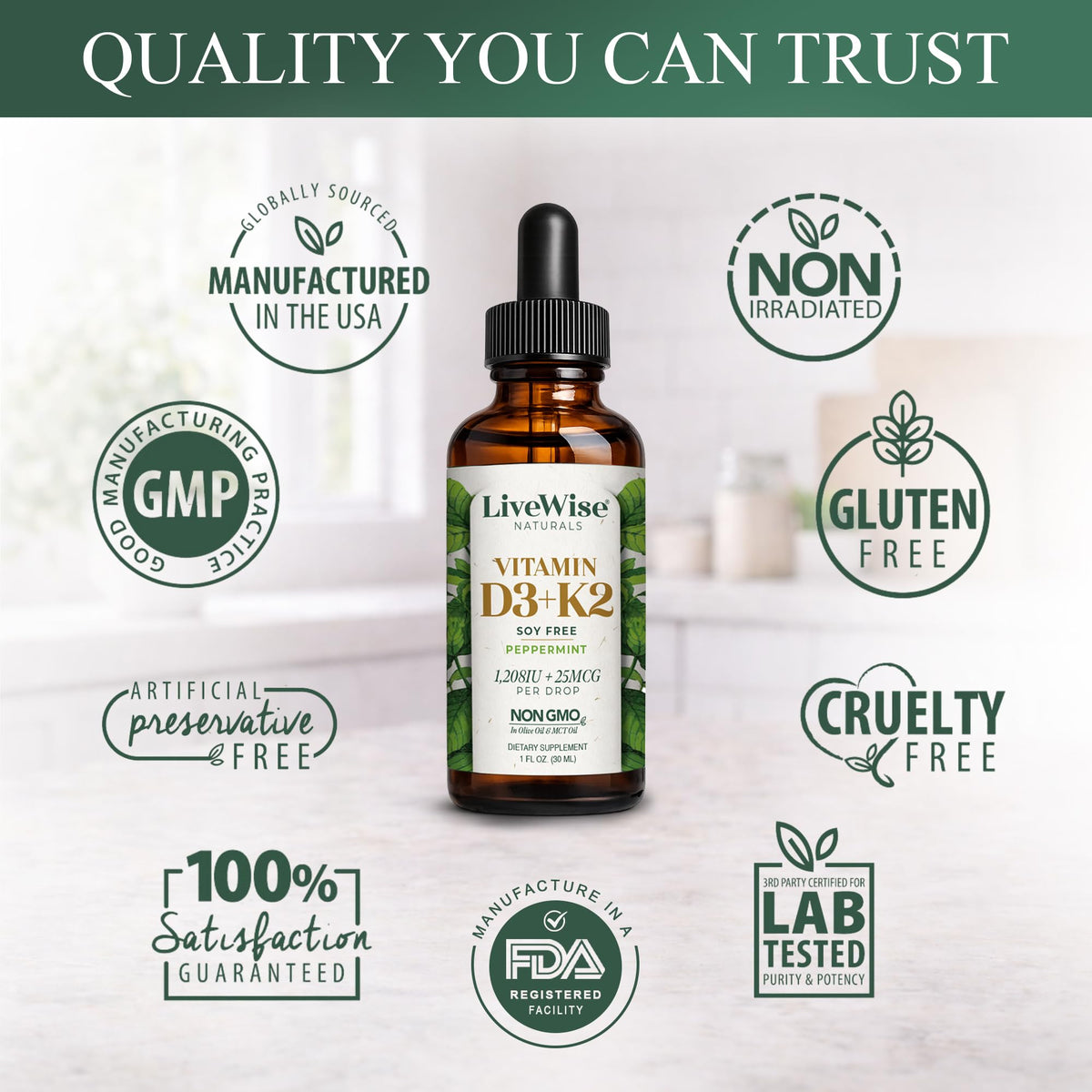 Gouttes de vitamine D3 K2 Live Wise Naturals sur une table avec des fruits