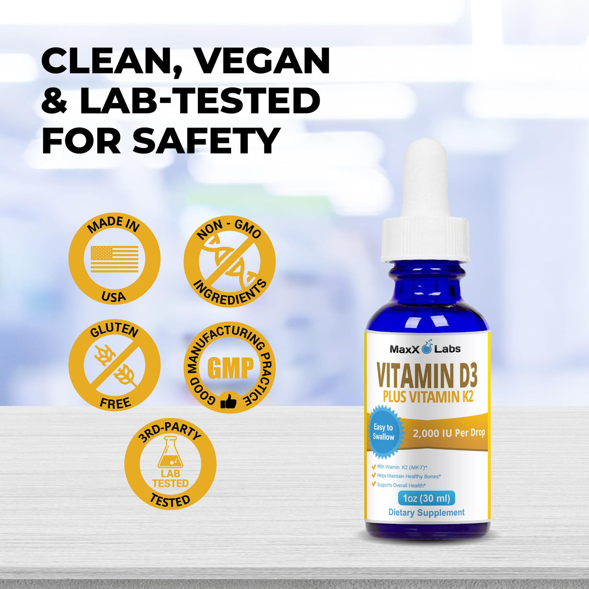 Gouttes de Vitamine D3 K2 MaxX Labs dans un verre