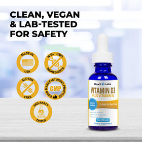 Gouttes de Vitamine D3 K2 MaxX Labs dans un verre