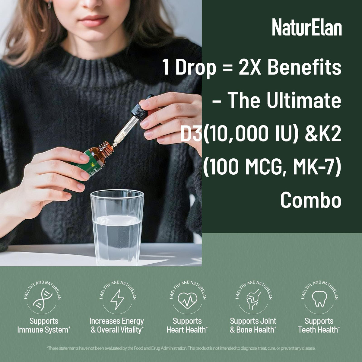 Gouttes de vitamine D3 K2 NaturElan versées dans une cuillère