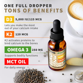 Gouttes de Vitamine D3 K2 NUSAVA contenant des gouttes sur une cuillère