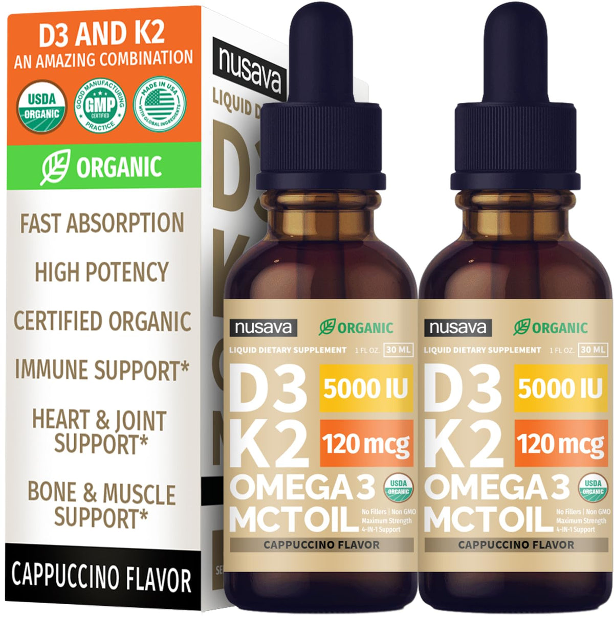 Gouttes de Vitamine D3 K2 NUSAVA flacon avant avec étiquette cappuccino