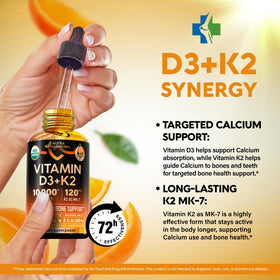 Gouttes de Vitamine D3 K2 NUTRAHARMONY sur un fond blanc