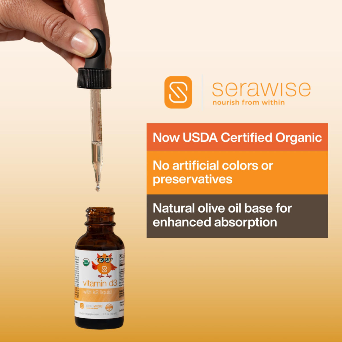 Gouttes de Vitamine D3 K2 Serawise sur une surface blanche