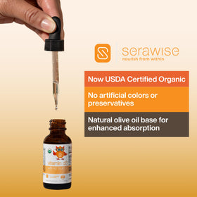 Gouttes de Vitamine D3 K2 Serawise sur une surface blanche
