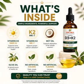 Gouttes de Vitamine D3 K2 sur une table en bois