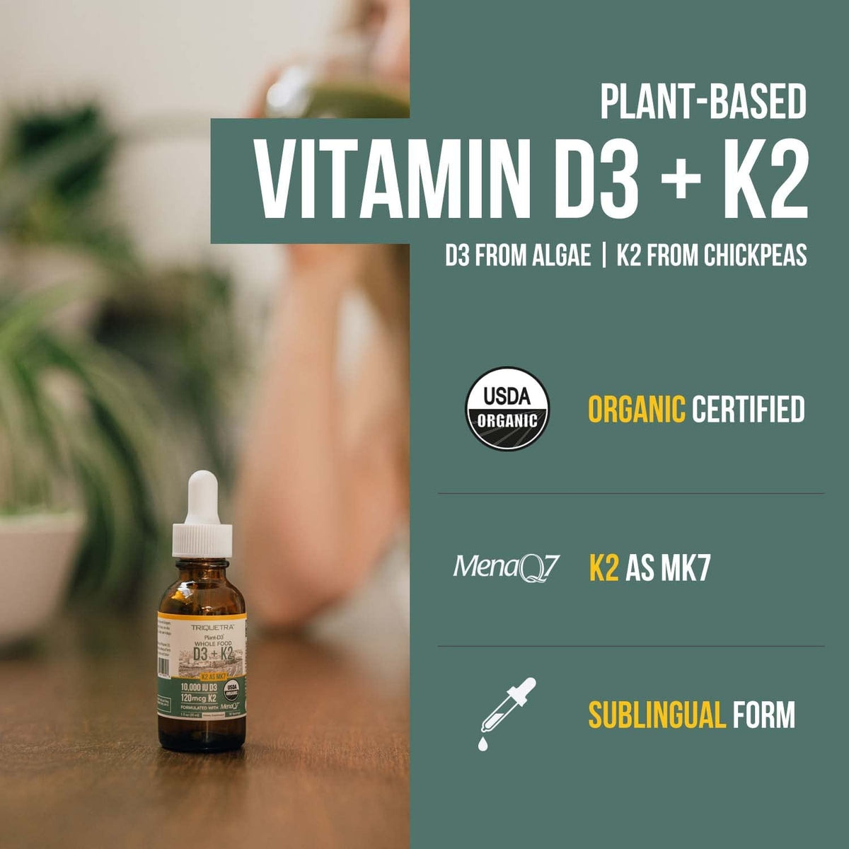 Gouttes de vitamine D3 + K2 Triquetra Health sur une cuillère