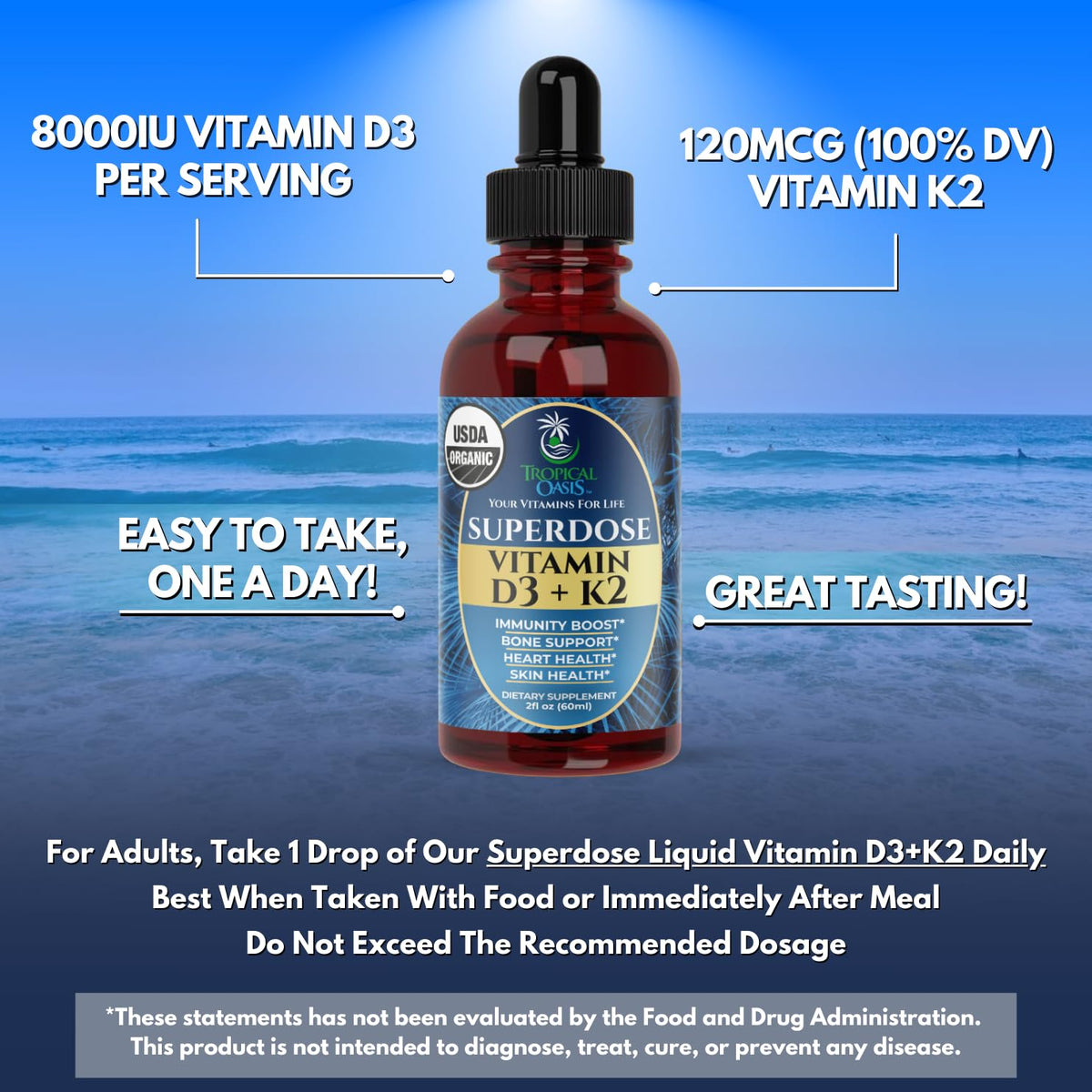Gouttes de Vitamine D3 K2 Tropical Oasis sur une table
