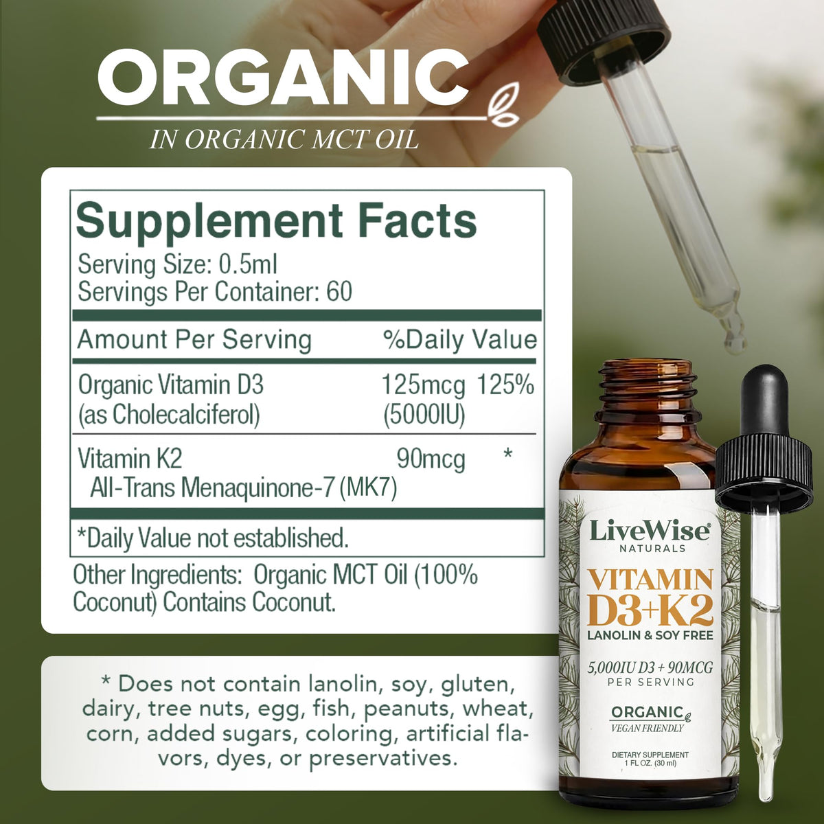 Gouttes de vitamine D3 K2 Vegan Live Wise Naturals avec pipette