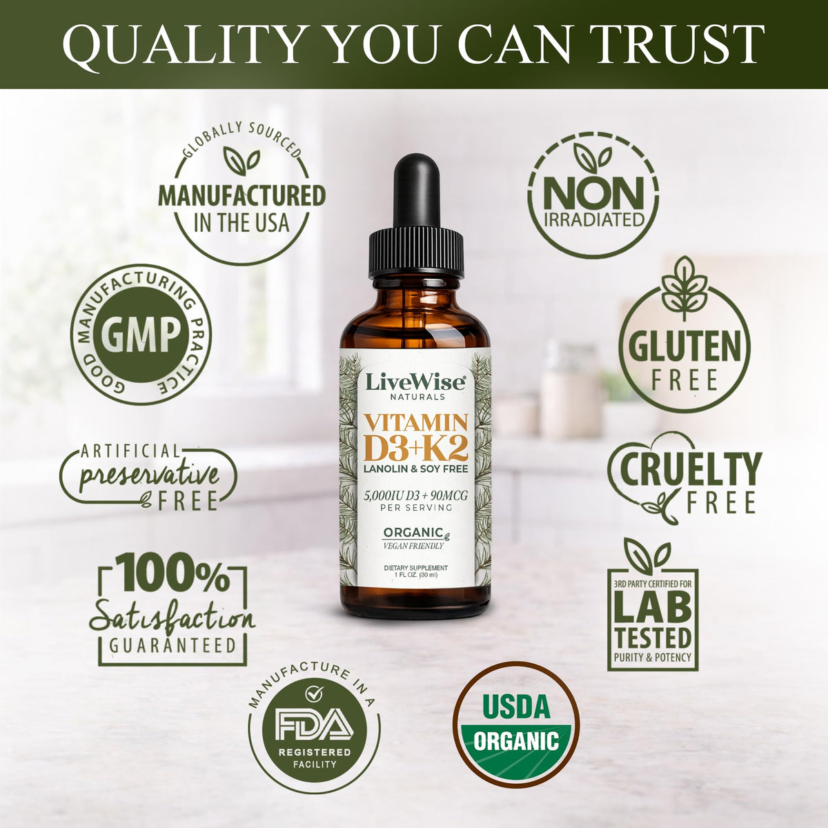 Gouttes de vitamine D3 K2 Vegan Live Wise Naturals dans une cuillère