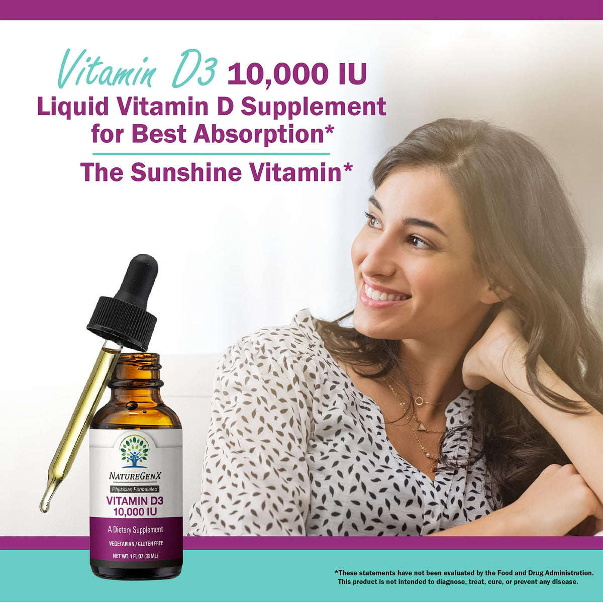 Gouttes de Vitamine D3 NatureGenX avec arrière-plan naturel