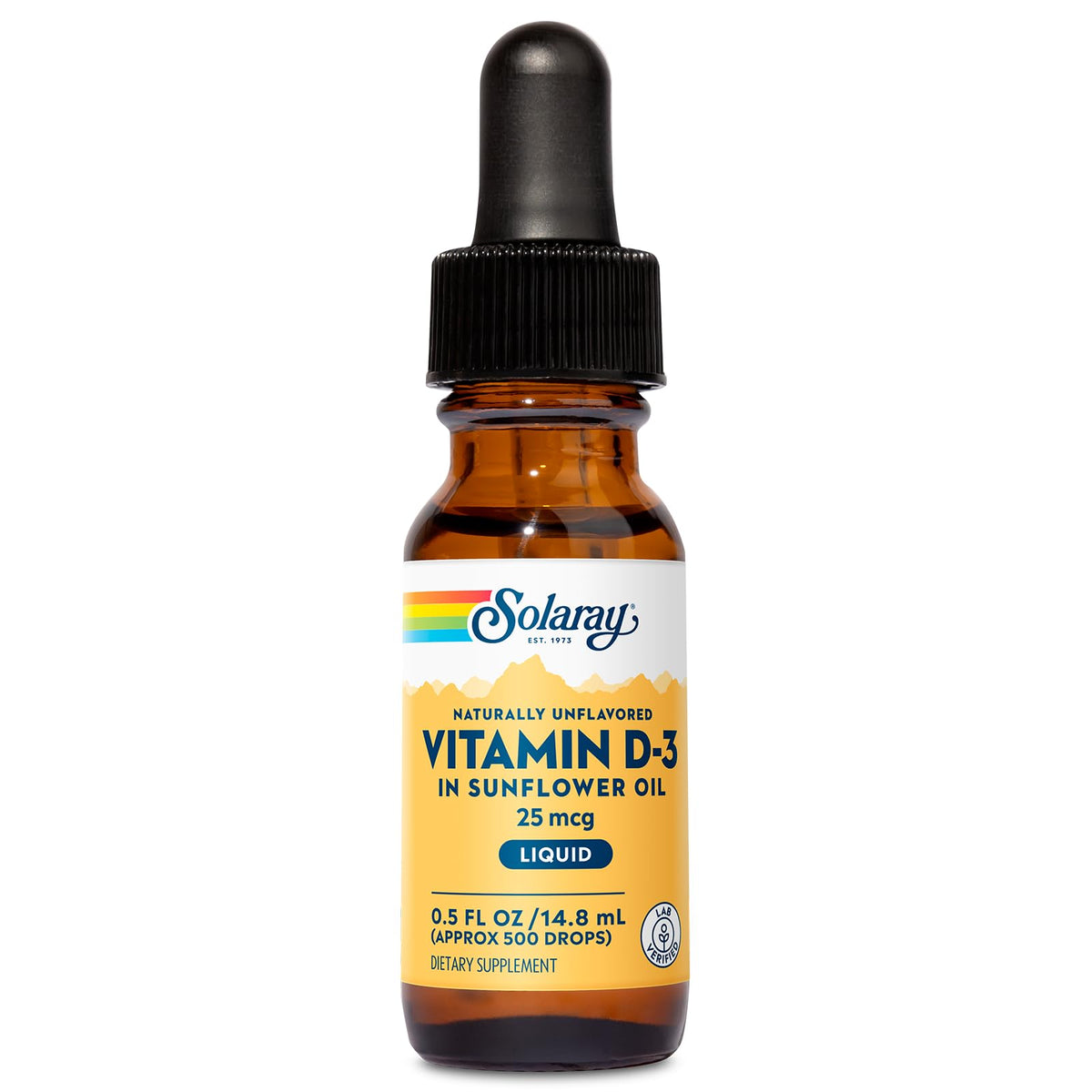 Gouttes de Vitamine D3 SOLARAY 25 mcg devant un fond neutre