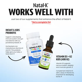 Gouttes de vitamine K1 Dr. Green Mom Natal K sur une table avec du lait