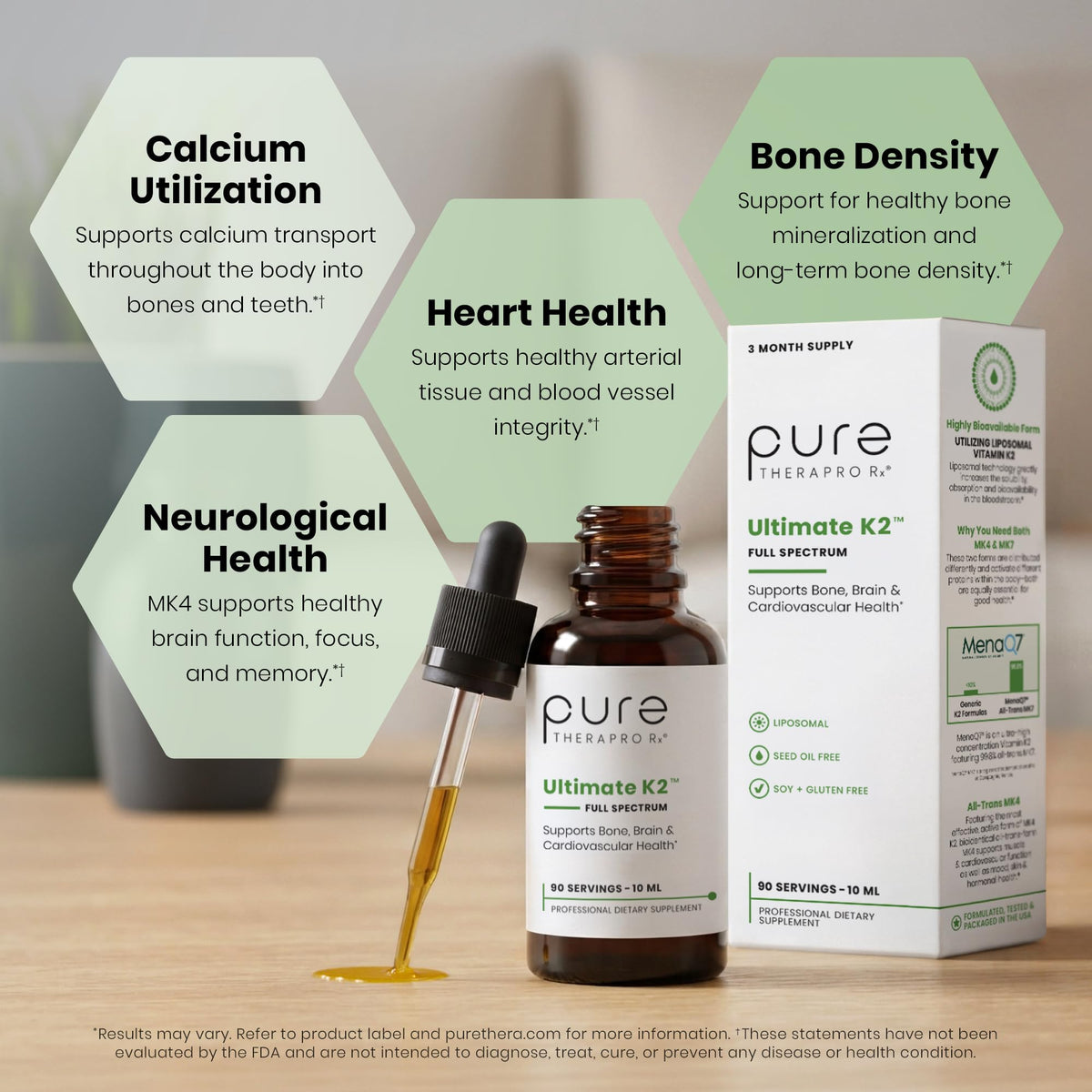 Gouttes de vitamine K2 liposomale Pure Therapro Rx sur une table
