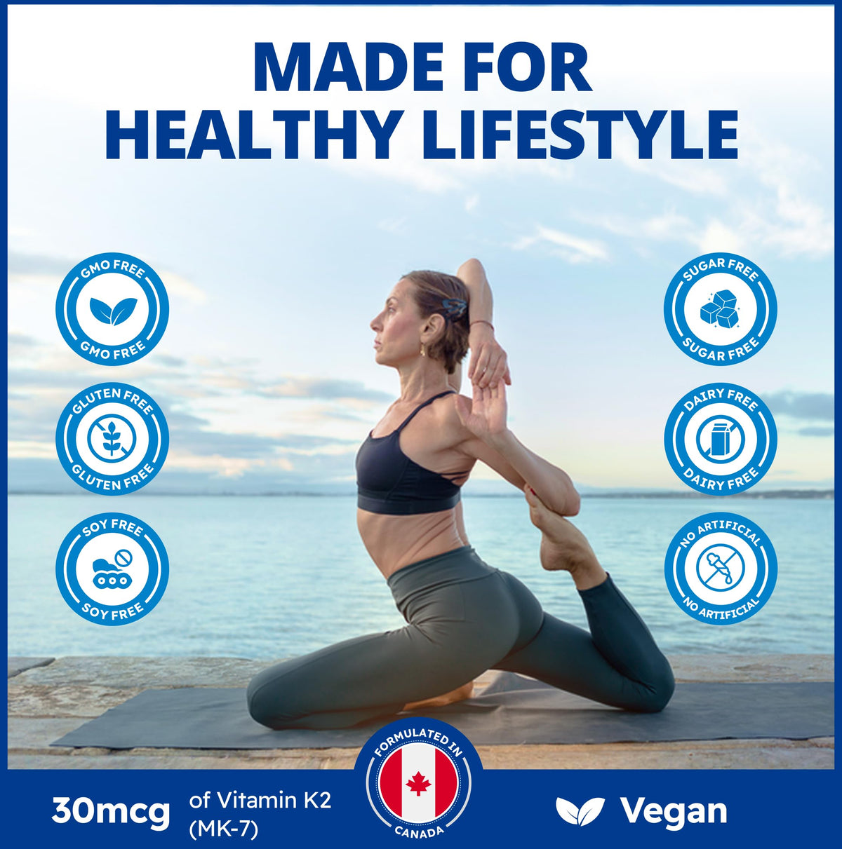 Gouttes de vitamine K2 MK-7 CanPrev avec une main tenant le flacon