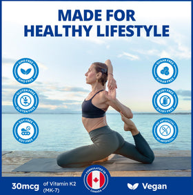 Gouttes de vitamine K2 MK-7 CanPrev avec une main tenant le flacon