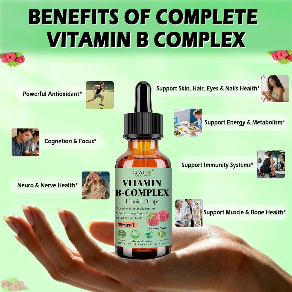 Gouttes de vitamines B JUIWEFKK dans une main, avec fond naturel