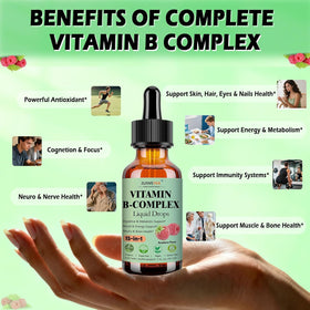 Gouttes de vitamines B JUIWEFKK dans une main, avec fond naturel