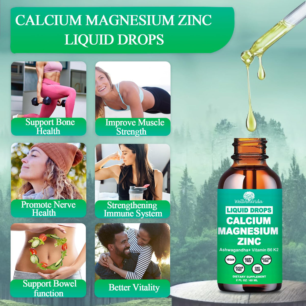 Gouttes de WellVeraVida Calcium Magnésium Zinc sur une cuillère