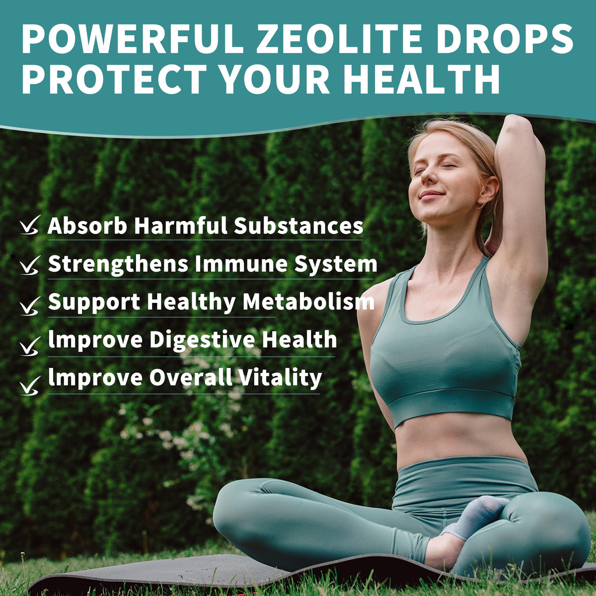 Gouttes de zéolite Herbance sur une table avec d'autres produits de santé