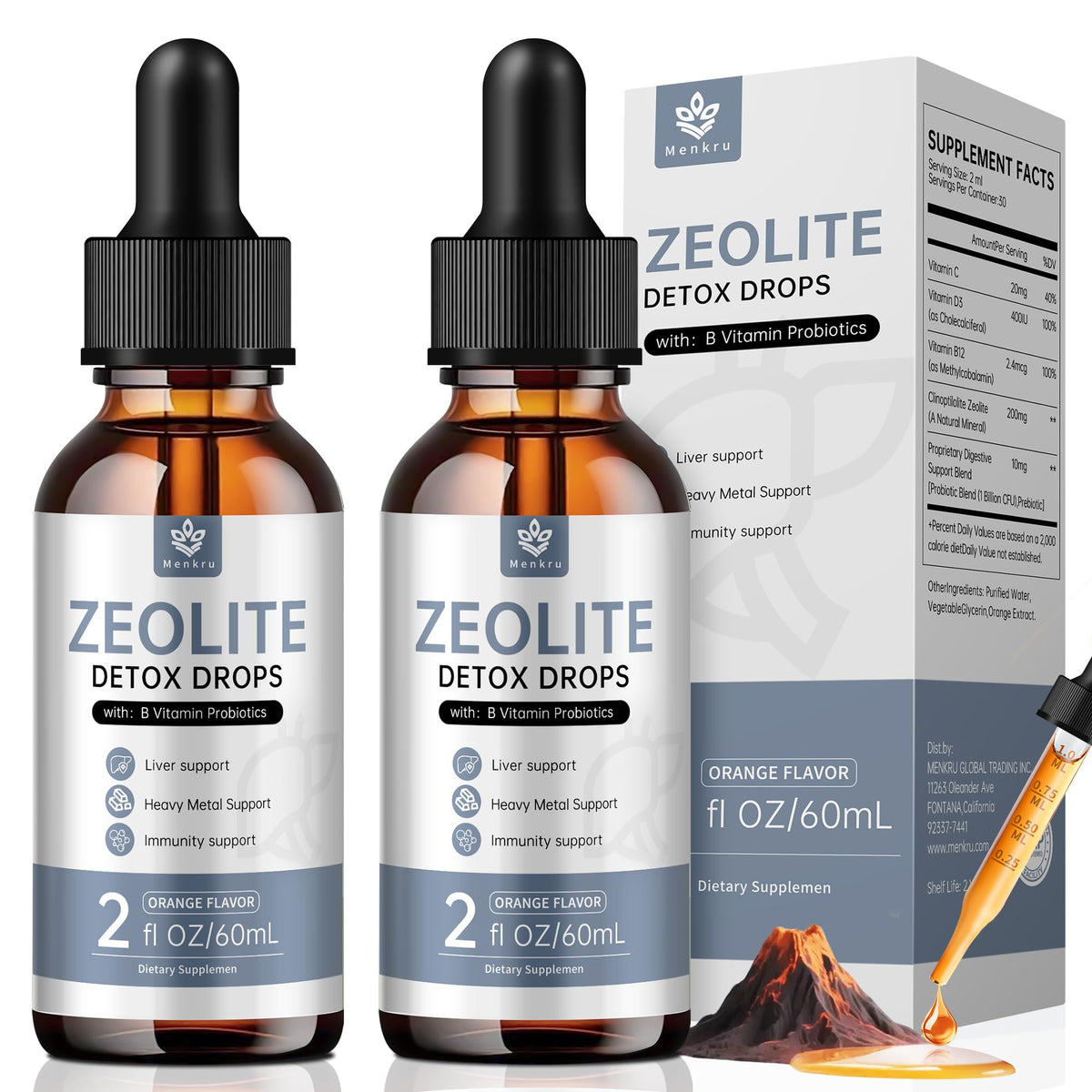 Gouttes de zéolite Menkru 99% pure en flacon avec étiquette