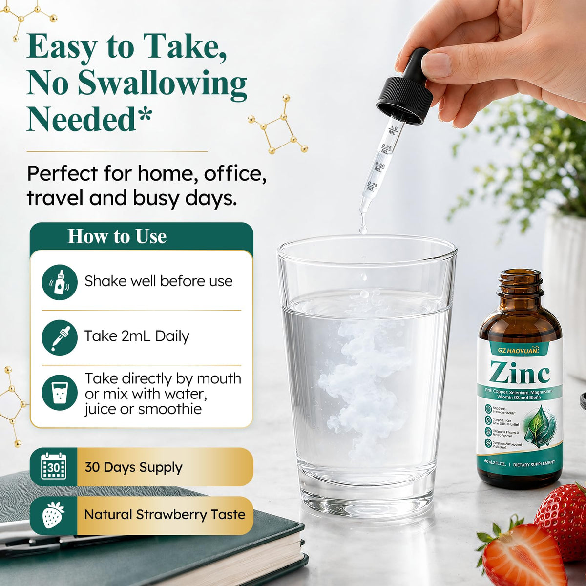 Gouttes de zinc liposomal GZ HAOYUAN avec fruits frais en arrière-plan