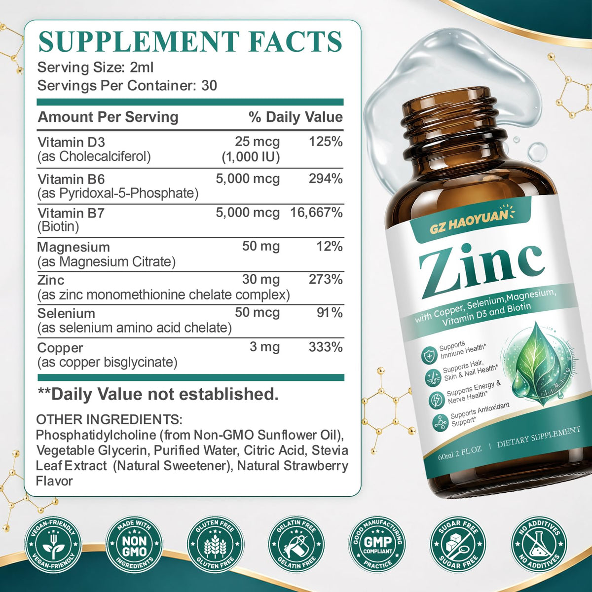 Gouttes de zinc liposomal GZ HAOYUAN versées dans un verre d'eau