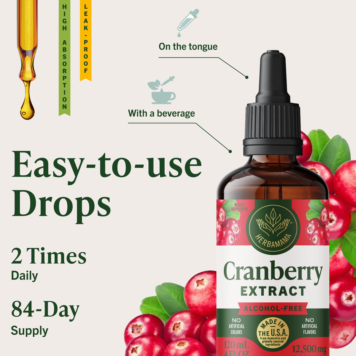 Gouttes du complément HERBAMAMA Cranberry sur une cuillère