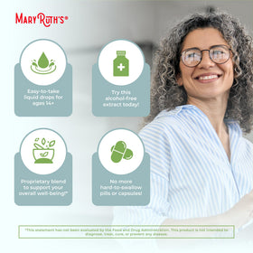 Gouttes du complément MARYRUTH'S versées dans un verre d'eau