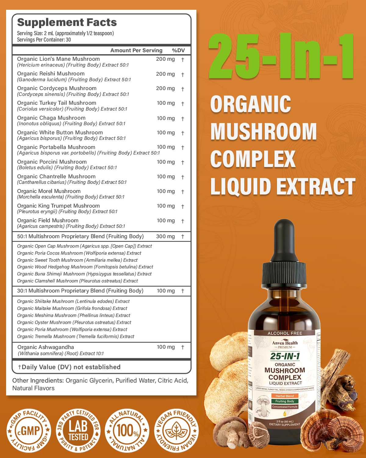Gouttes du complexe de champignons 25-en-1 d'Anven Health dans un verre d'eau