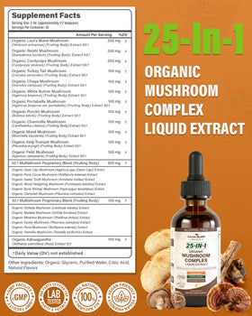 Gouttes du complexe de champignons 25-en-1 d'Anven Health dans un verre d'eau
