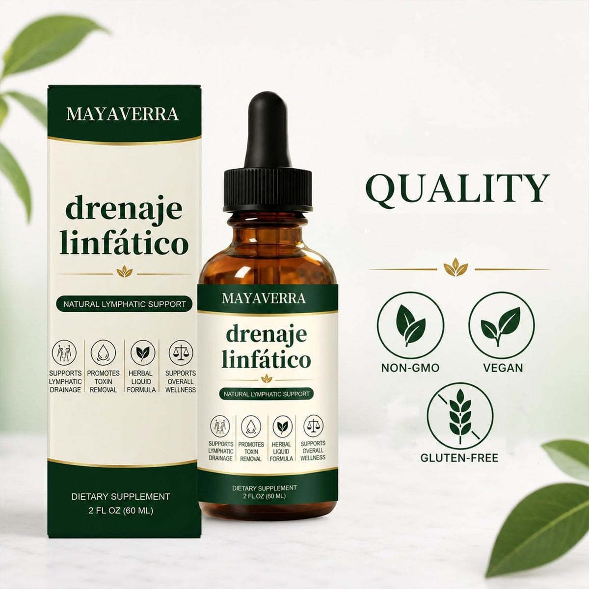 Gouttes Fly Cleanse sur une table avec fond naturel